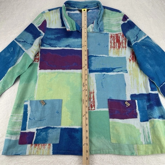 Ali Miles Green Blue Artsy Print Blouse Linen Lagenlook Button Front Top Size XL - Picture 10 of 11